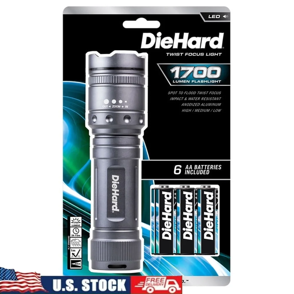 

High Lumens LED Flashlight 1700 Lumens Waterproof Impact Resistant Hands Free Battery Operated 6 AA Batteries Included 266m Beam