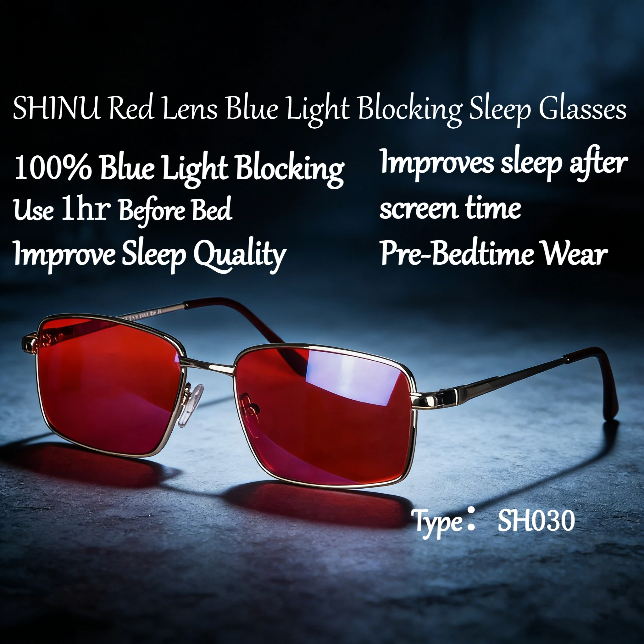 shinu-レッドレンズ睡眠用メガネ-99-ブルーライトカット-メタルフレーム-就寝時用