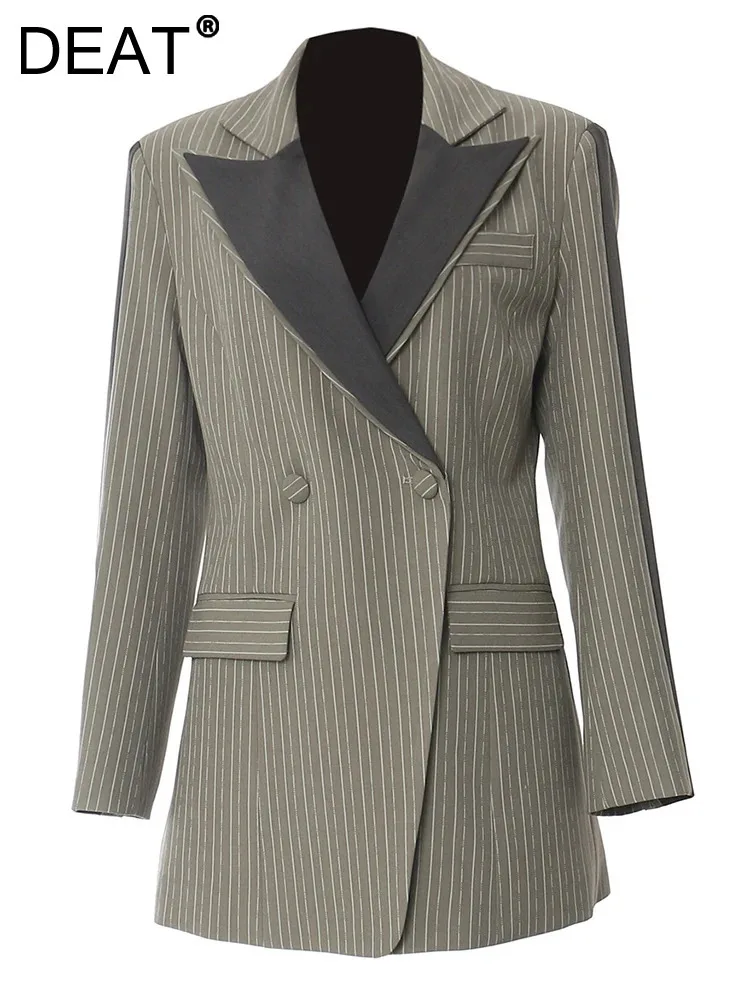 DEAT Mode Dames Streep Blazer Contrast Kleur Notched Double Breasted Taille Terugtrekking Jassen Herfst 2024 Nieuw 1DH6394