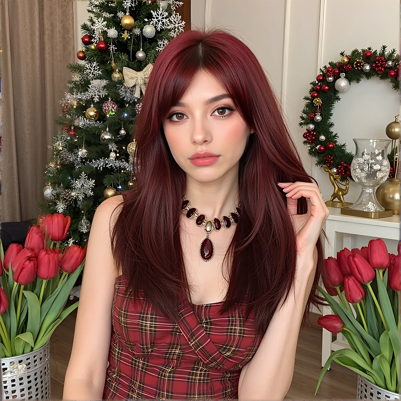 

Christmas Medium Length Layered Straight Wigs Burgundy Wine Red Medium Part Synthetic Wig For Women Daily Cospaly Heat Resistant