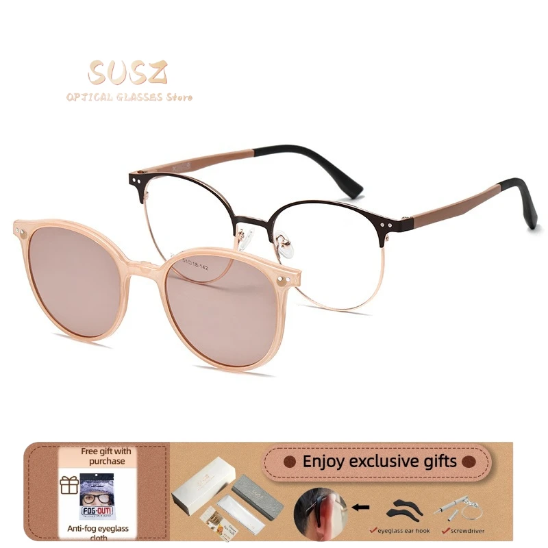 SUSZ Casual Style Round Magnet Clip  Polarized Sunglasses Women Optical Anti Blue Ray Myopia Progressive Prescription Eyeglasses