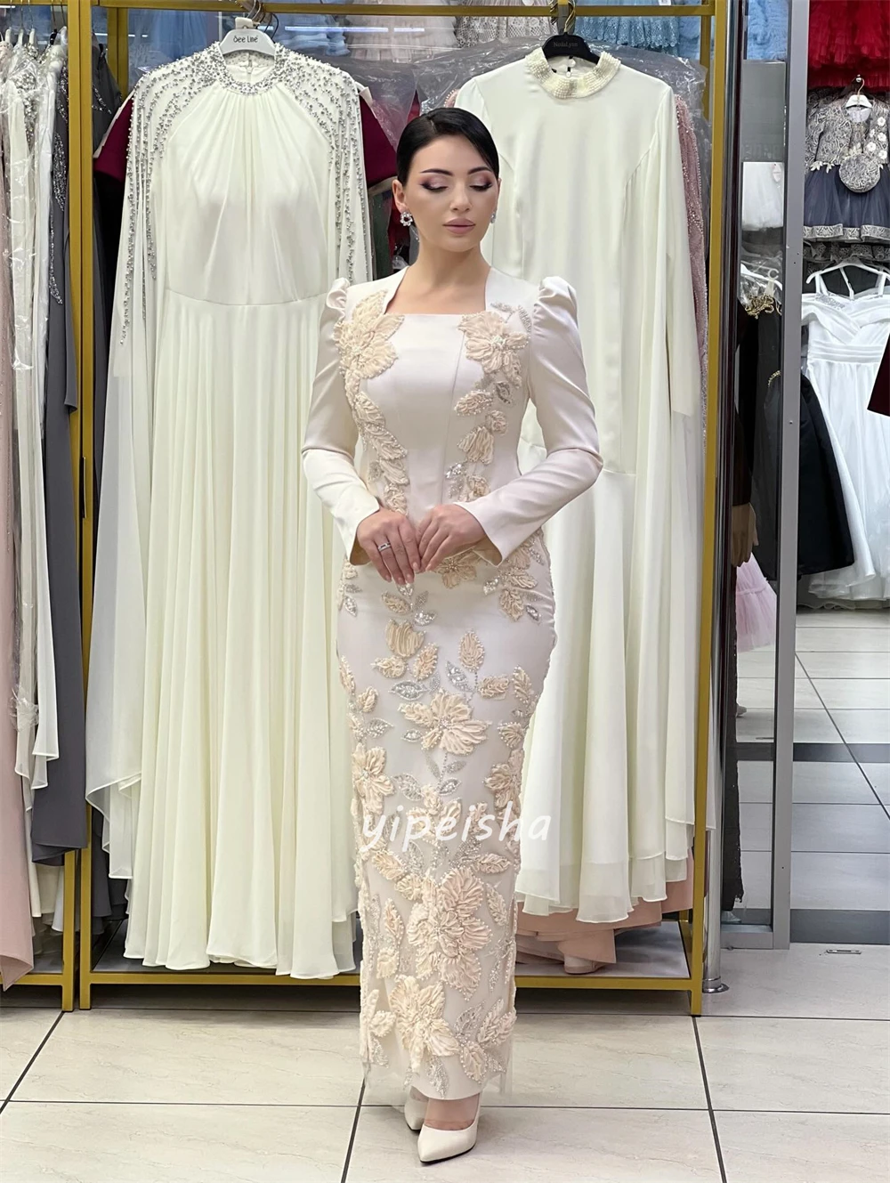 Customized High Quality Sparkle Jersey Handmade Flower Sequined Straight Prom Dresses Square Neck Long Sleeves Evening Dresses image 2