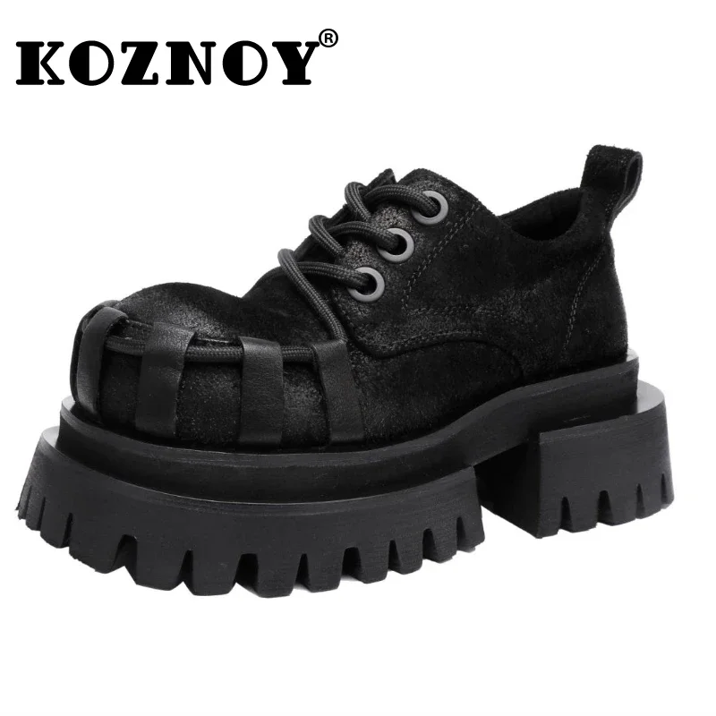 Koznoy 7cm Cow Suede Genuine Leather Round Toe Women 2024 Moccasins Gothic Motorcycle Autumn Fashion Spring Punk Luxury Shoes