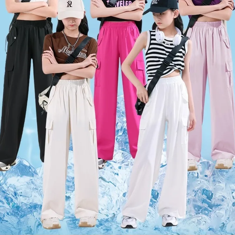 

Girls' Pants Summer Thin Style Children's New Ice Silk Work Clothes Wide Leg Pants Sports Pants Medium To Large Children's Pants