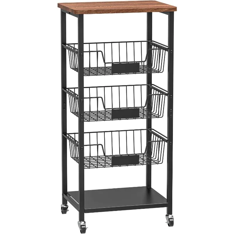

Kitchen Storage Cart, Kitchen Basket, 5-Tier Utility Organizer with Baskets and Wood Top, Rolling Snack Cart with Wheels