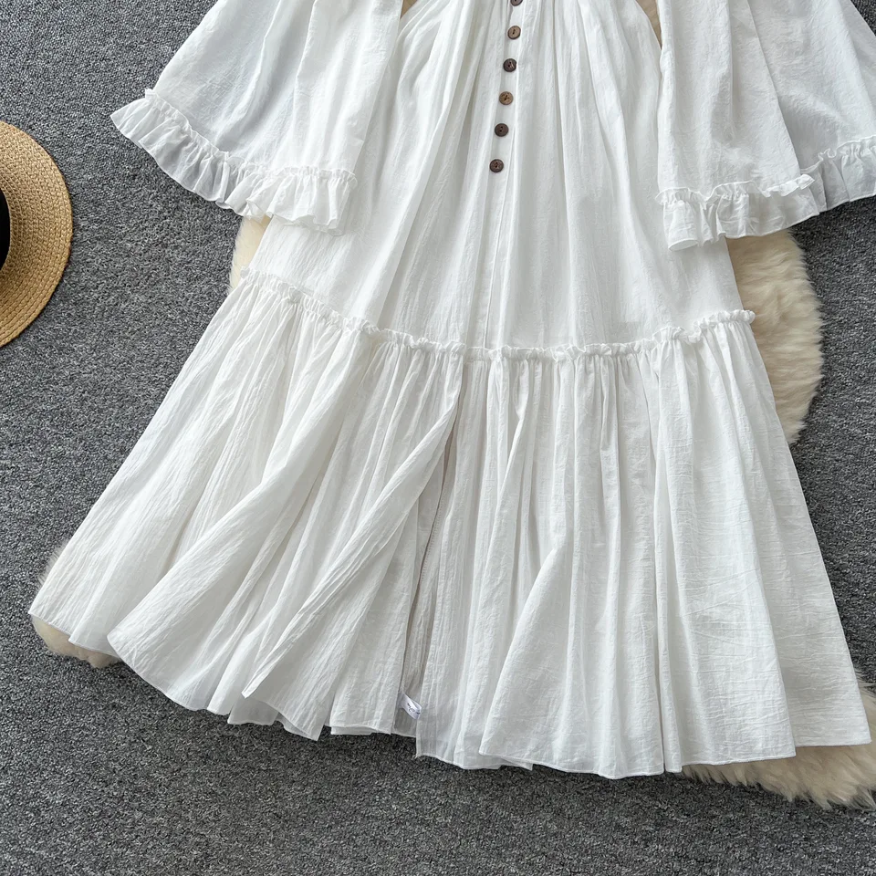White Slash Neck Dress Women Flare Sleeve Elatic Waist Long Dresses Button A Line Vestidos Elegant