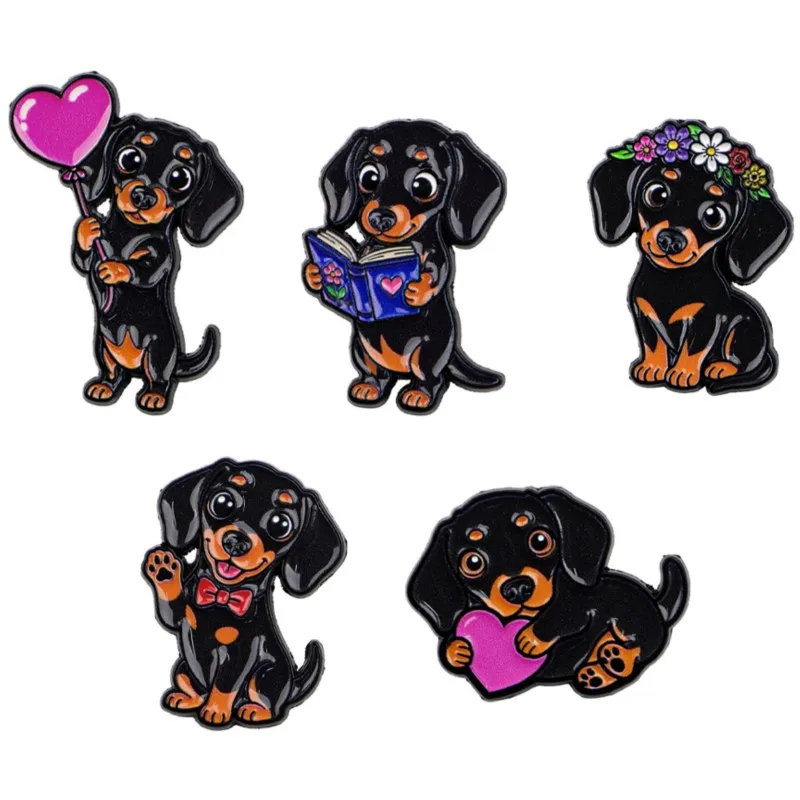 5pcs Cute Dachshund Enamel Pin Set Heart Flower Book Bow Dog Cartoon Brooch Backpack Hat Clothes Accessory Animal Lovers Gifts