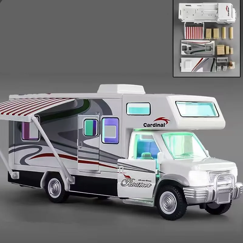 1:28 Alloy Luxury RV Caravan Car Model Diecast Metal Camper Van Motorhome Touring Car Vehicles Model Sound Light Kids Toys Gifts