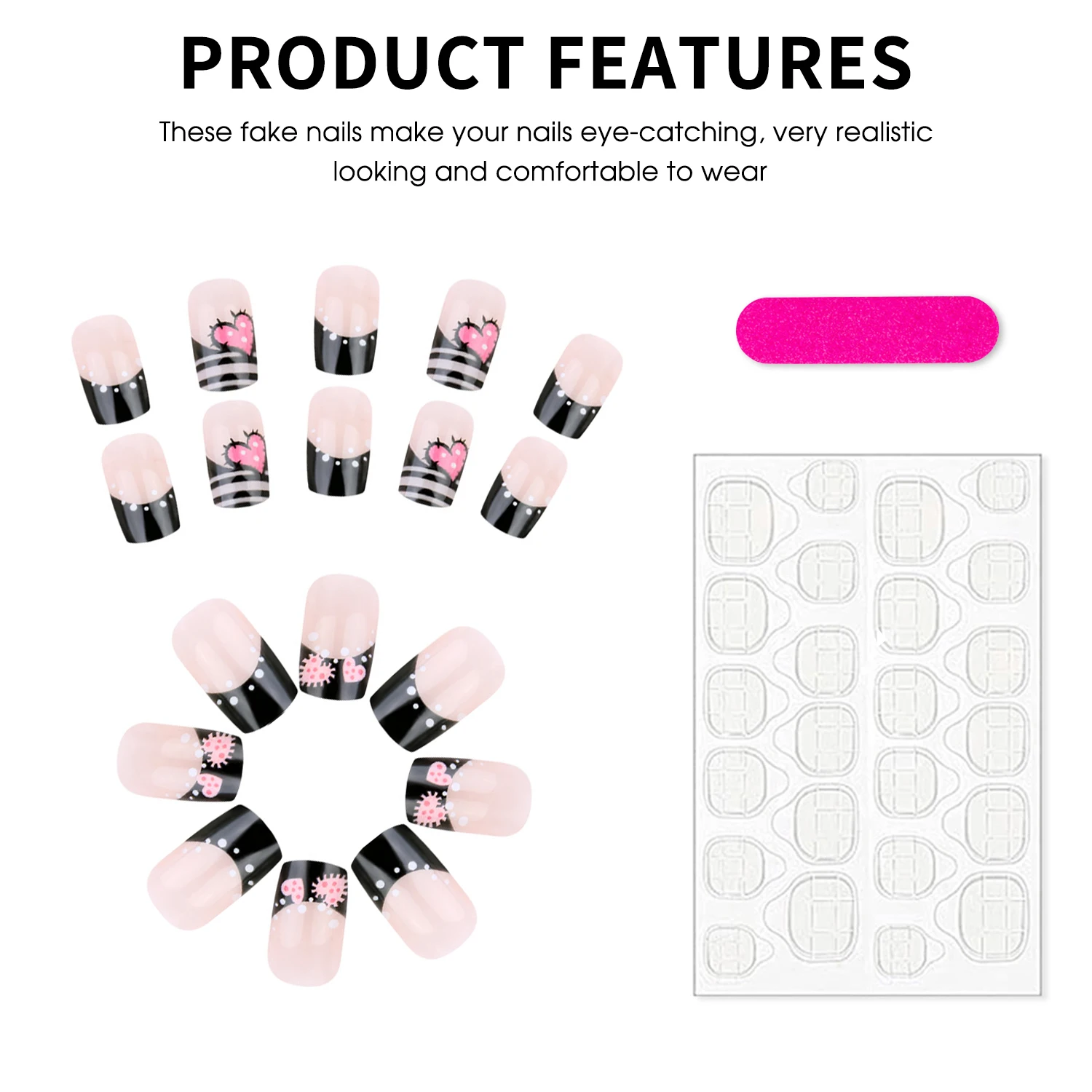 Y2K – faux ongles français noirs pour filles, 24 pièces, courts, carrés, à pression, rose, amour, cœur/points imprimés, manucure à breloques pour la saint-valentin