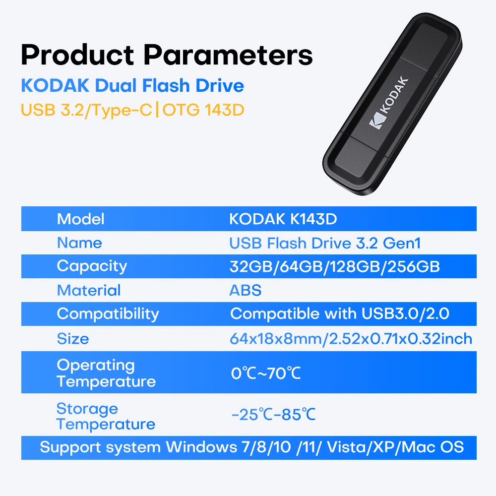 Kodak 2 In 1 USB Flash Pen Drive Memory Stick USB3.2 Gen 1 OTG Portable U Disk 32gb 64gb 128g 256g For Phone Computer