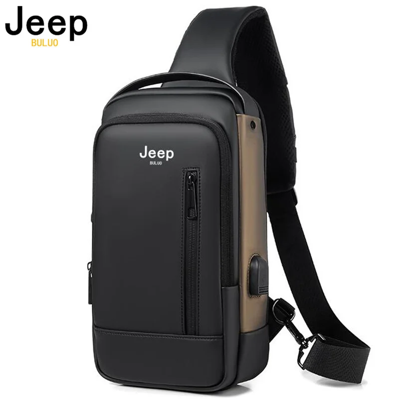 JEEP BULUO Men's Waterproof USB Crossbody Oxford Bag Anti-theft Shoulder Sling Bag Short Travel Messenger Chest Pack For Male