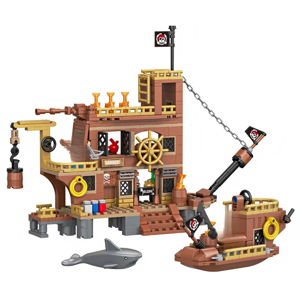 442 pièces MOC Le navire pirate de jeu Blocs de construction Jouets Briques Modèle Figurines Quai de requins Château Décoration de bureau Cadeau d'anniversaire