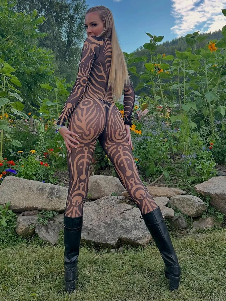 Macheda Women Sexy Jumpsuits Woman Stripe Print See Through Turtleneck Full Sleeve Skinny Peach Hip High Style Style Overalls