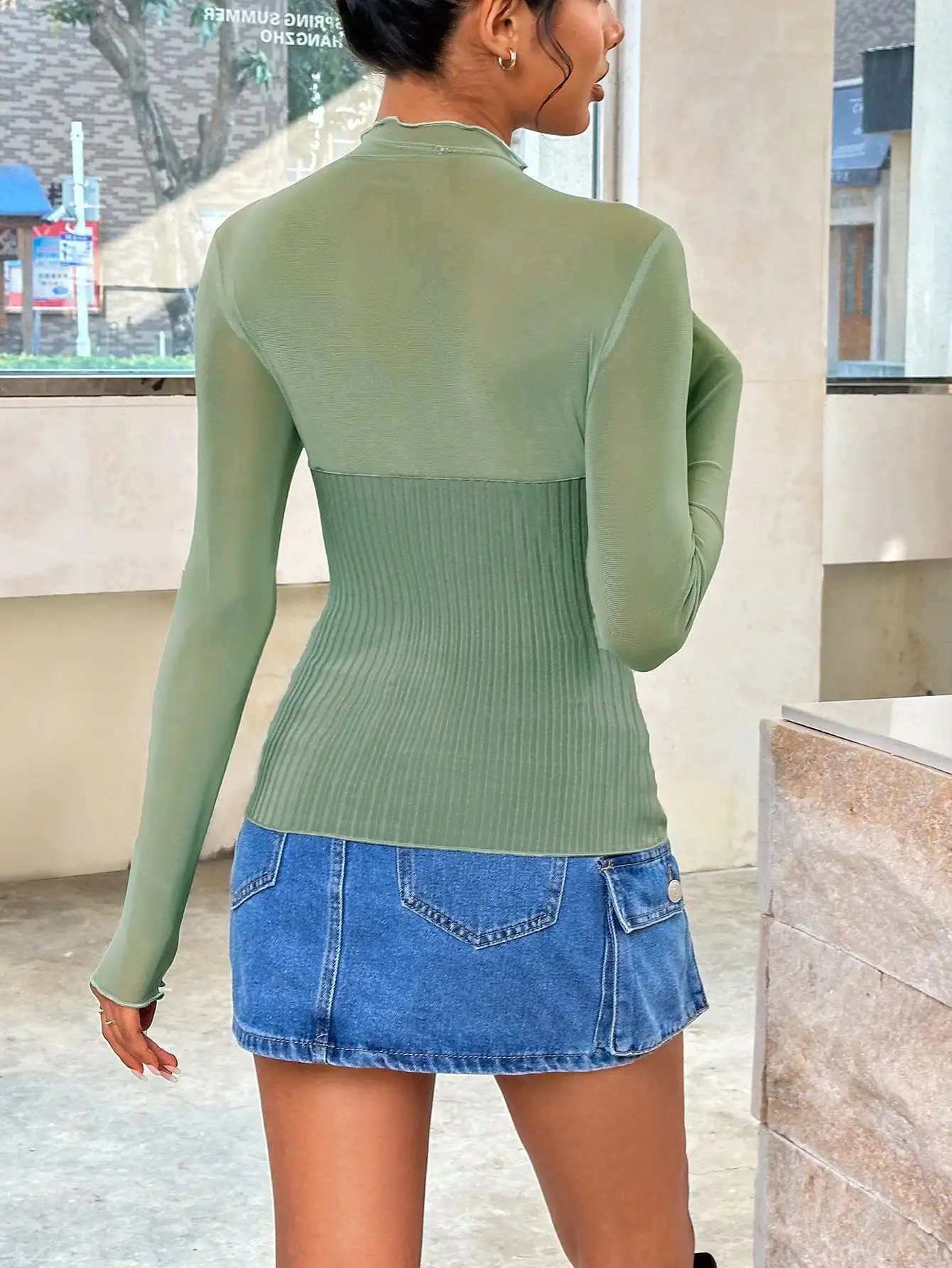 شبه شفافة الشاش رقيقة طويلة الأكمام تريكو المرأة الخريف والشتاء جديد التخسيس الأخضر قميص المرأة تي شيرت #2