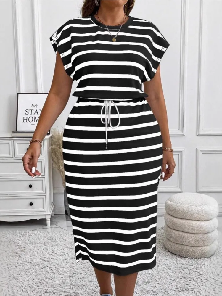 2025 Casual Striped Printed Short-sleeved Women's Dress Summer Fashion Cinched Waist Lace Up T Shirt Female Sports Dresses