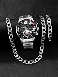 3pcs Business style Silver White Mechanical design men's alloy quartz watch with calendar and alloy Cuba necklace bracelet set