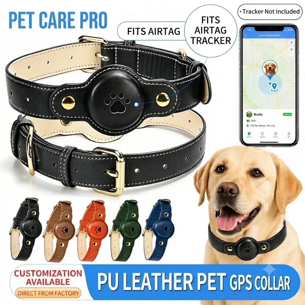 GPS Tracker Dog Collar Smart Pet Collar PU Material anti-Loss Pet Applicable for Apple Airtag Tracker Protection Case