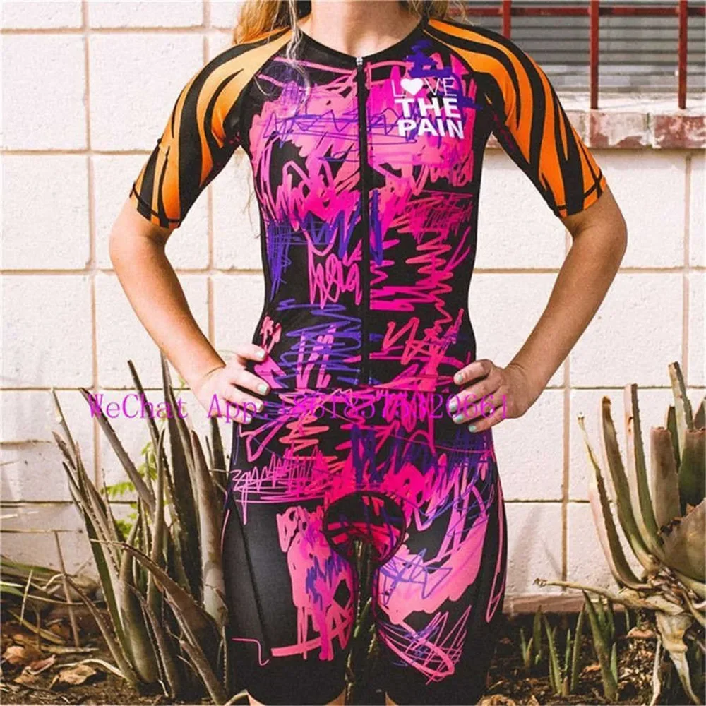 Love The Pain Womens Short Sleeve Cycling Skinsuit Triathlon Suit Mtb Bike Clothing Swimwear Running Bodysuit Jumpsuit Ciclismo