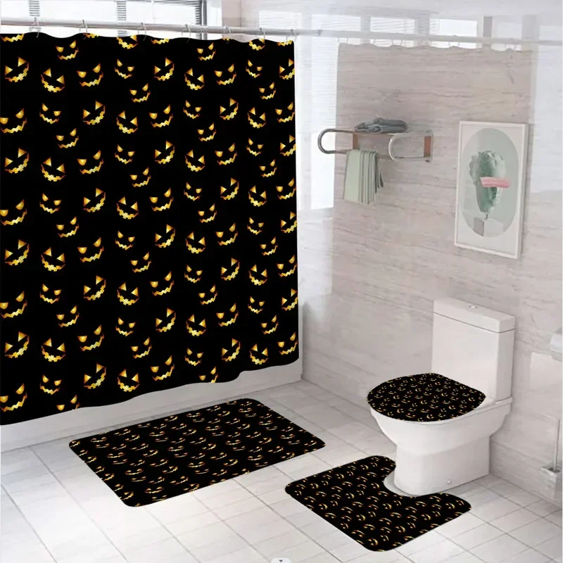 Happy Halloween Shower Curtains Sets Multi Spooky Pumpkin Ghost Creepy Black Bathroom Decor Curtain Toilet Rug Carpet Bath Mats