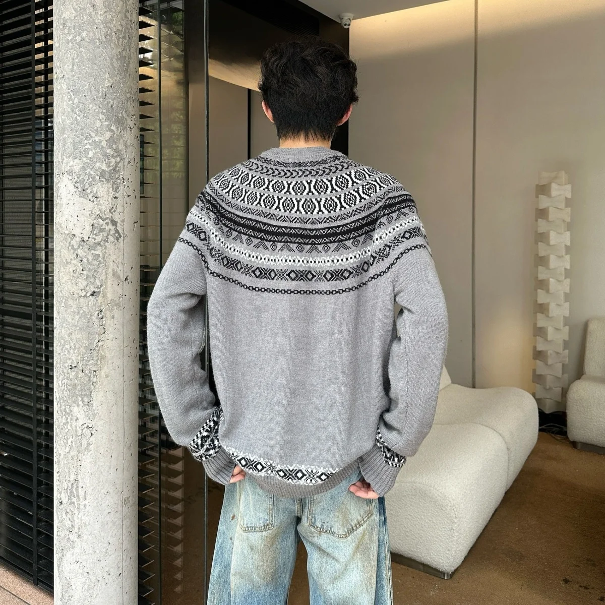 

American Lazy Fair Isle Knitted Sweater Cardigan Loose Casual Loose Feel Versatile Outerwear Top Polyester Fiber Long Sve