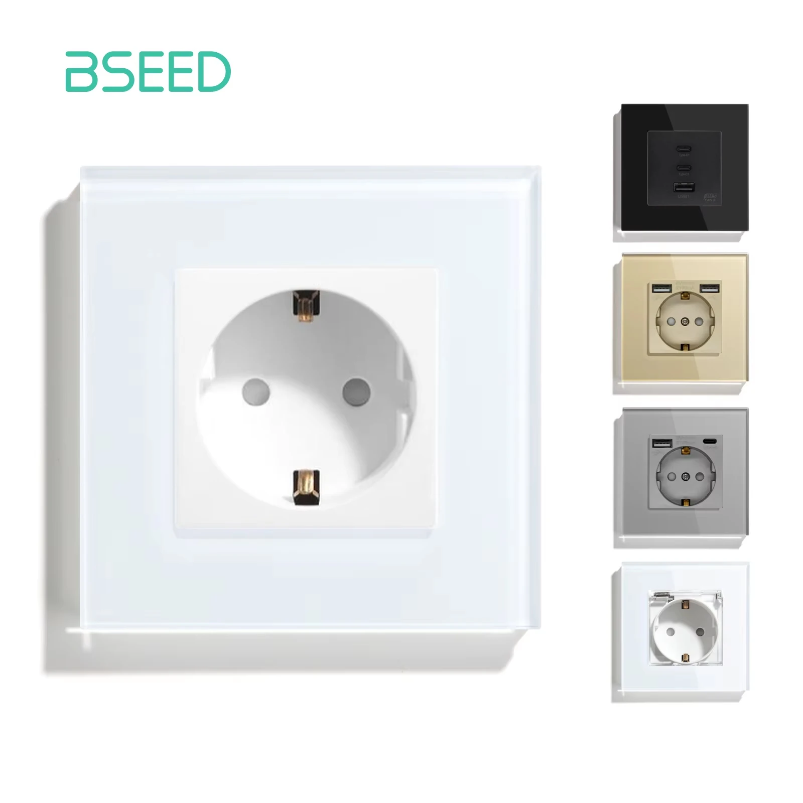 BSEED EU gniazdo ścienne podwójne USB ładowanie telefonu gniazdo typu c pojedyncze szklane kryształowe elektryczne gniazdko elektryczne 16A 110 V-240 V gniazdo