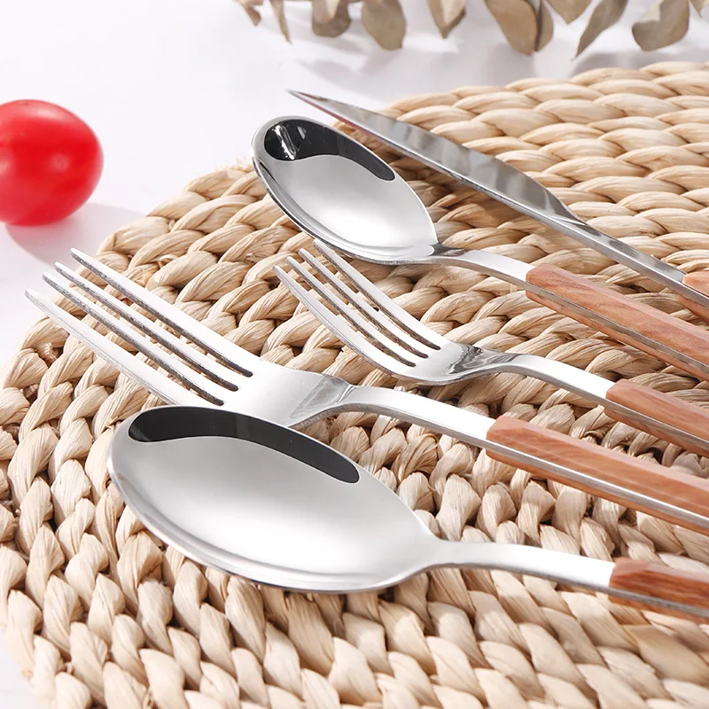 16pcs Stainless Steel Imitation Wooden Handle Cutlery Set Dinnerware Clamp Western Tableware Knife Fork Tea Spoon Silverware