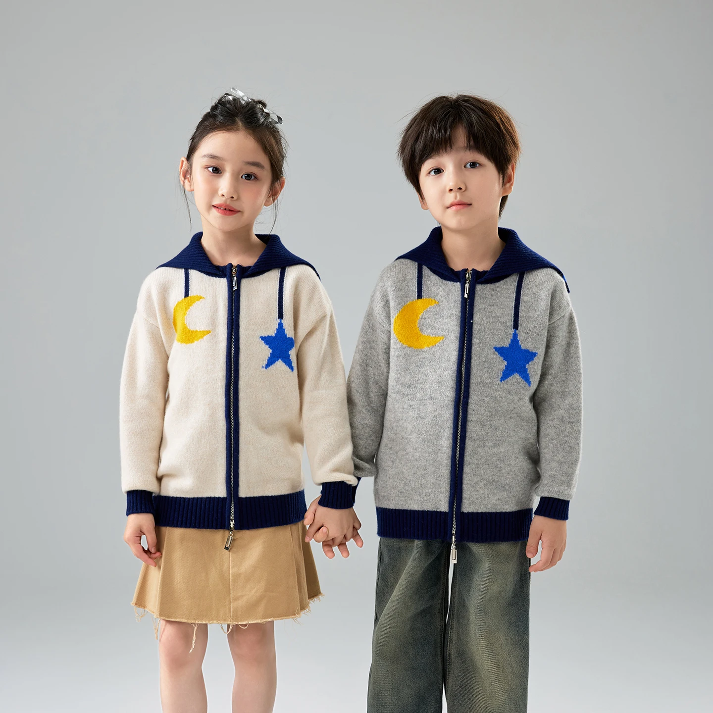 Children Pure Wool Sweater Cardigan Autumn Winter Boys Girls 100% Wool Navy collar zipper Knitwear Kids Long Sleeve Thick Tops