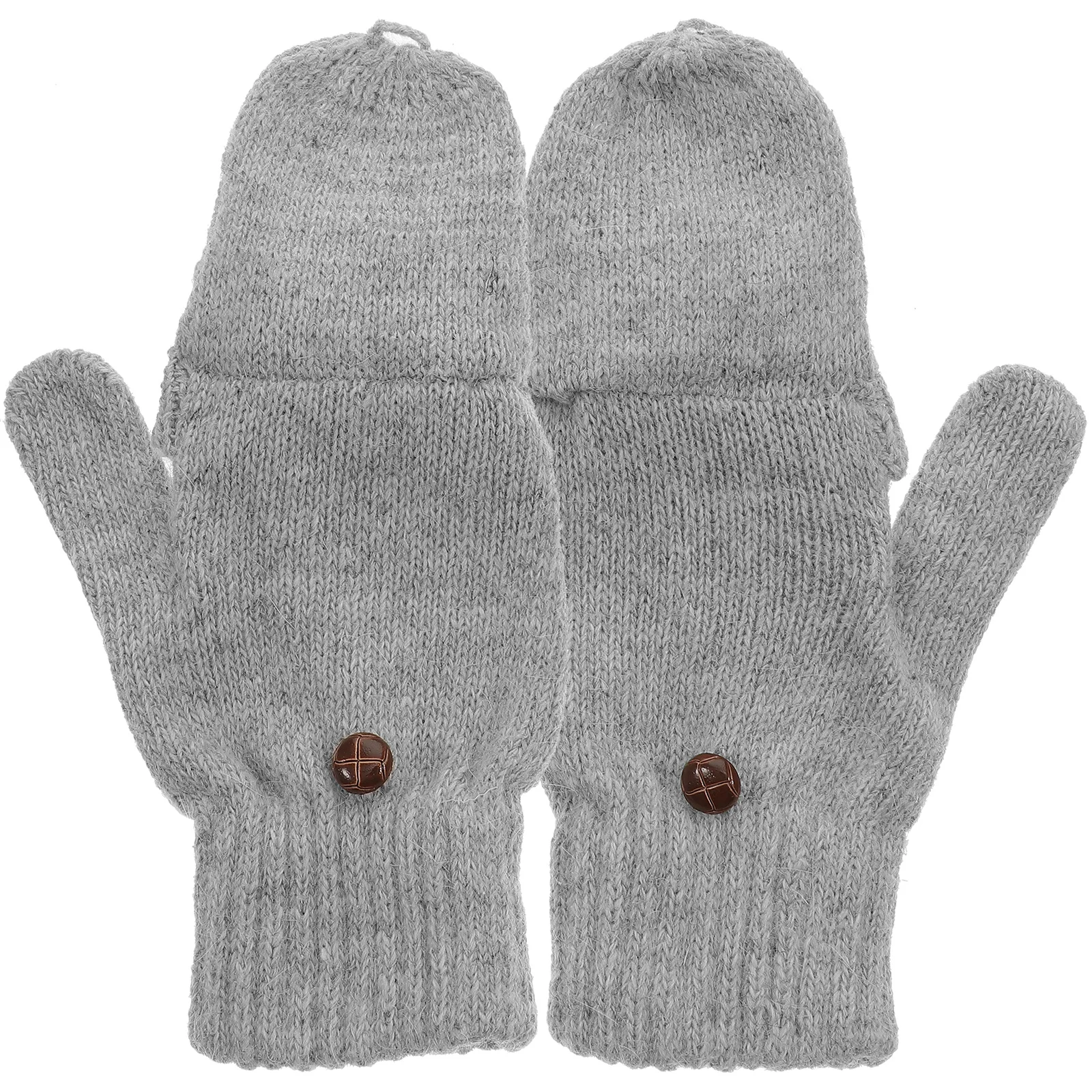 Women Winter Warm Wool Knitted Beige Convertible Fingerless Gloves Mitten Cover Lightweight Comfortable Hand Warmers