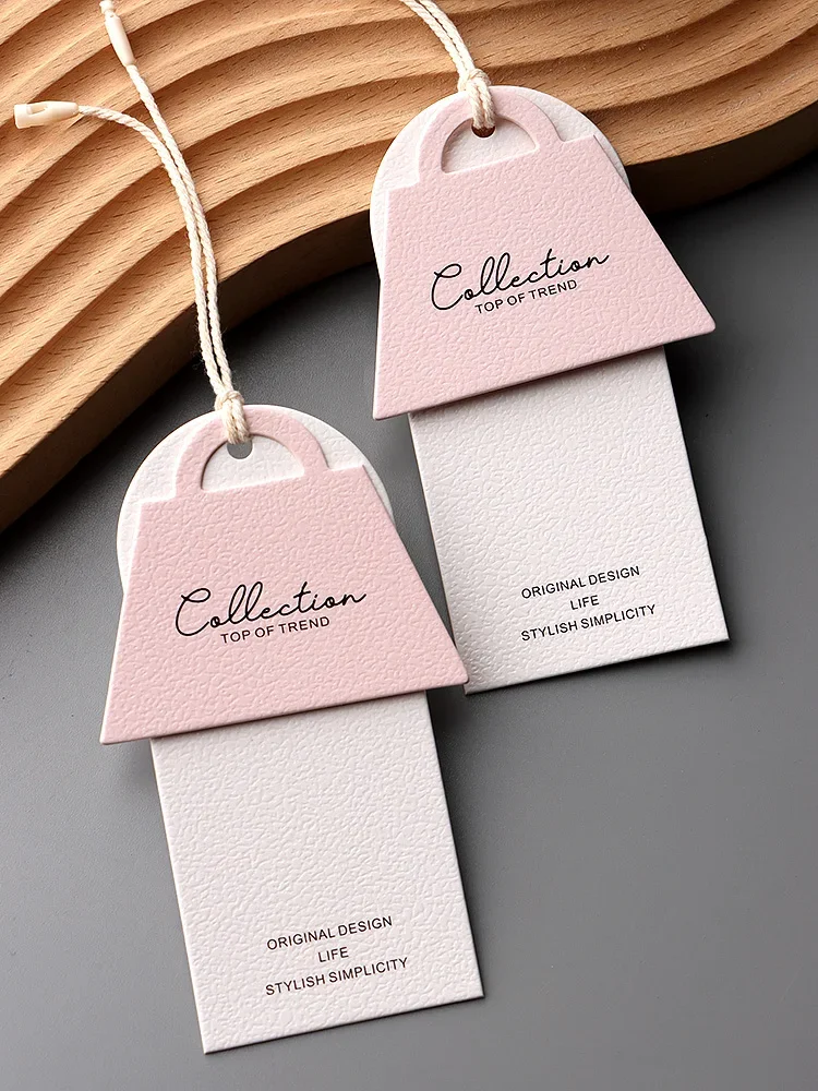 100pcs Pink Tote-shaped Garment Cards Hangtag Custom Clothing Store Hangtags Price Brand Tag High-end Women Clothes Label Custom