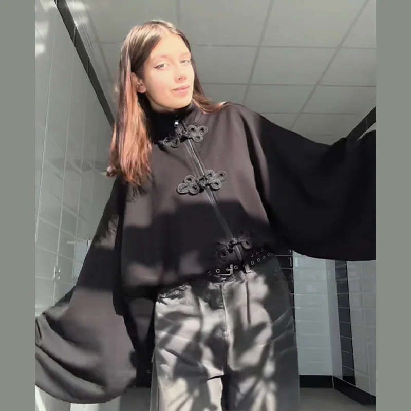 الصينية عقدة زر سترة قصيرة المرأة واسعة الأكمام سستة معطف الوقوف شيك موضة أبلى 2025 جديد الخريف معاطف سيدة أنيقة #1