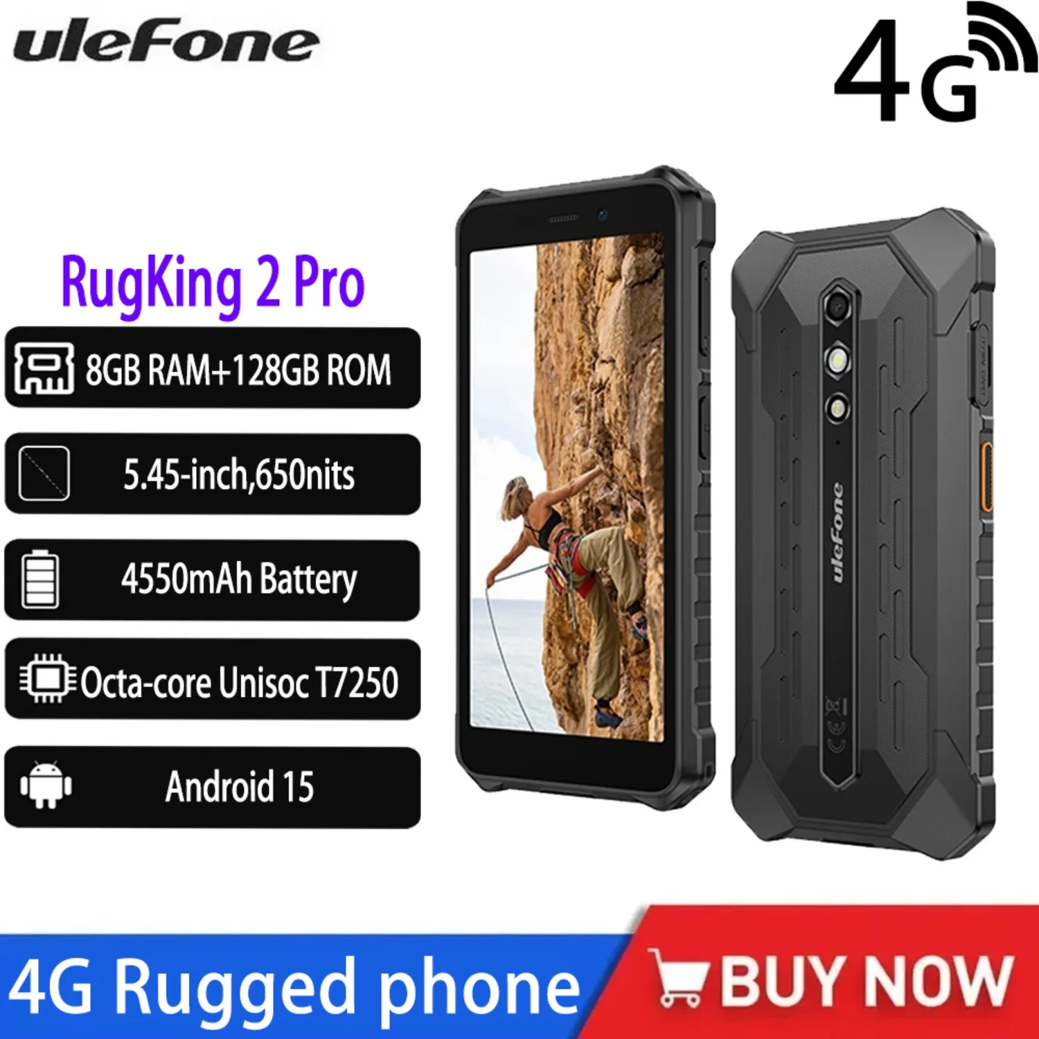 Global Ulefone RugKing 2 Pro 4G AI Rugged Smartphone Android 15 5.45 " 8GB RAM+128GB ROM NFC OTG IP69K&IP68 Mobile Phone 4550mAh