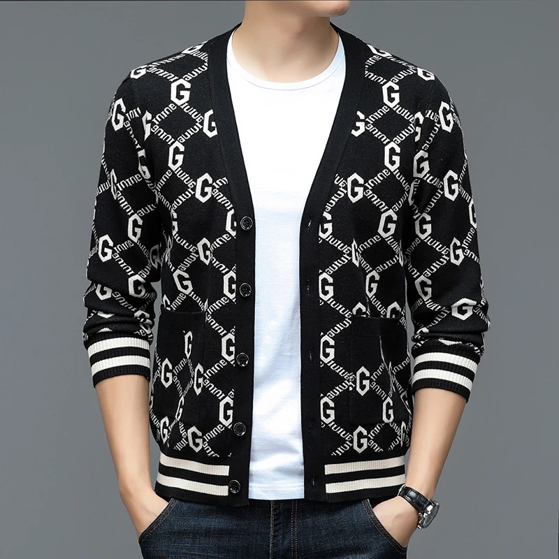 

Autumn and Winter New Men's Trendy Brand Fashion Printed Top Long Sleeve Jacket Knitted Sweater for Men