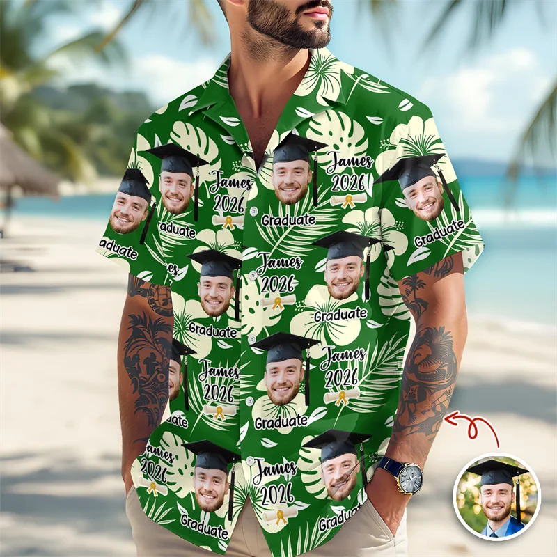 

Personalized Photo Grad Hawaiian Shirt Men Women Customizable Face Grad Cap Print Soft Comfy Shirt For Gift Adults Fun Shirts