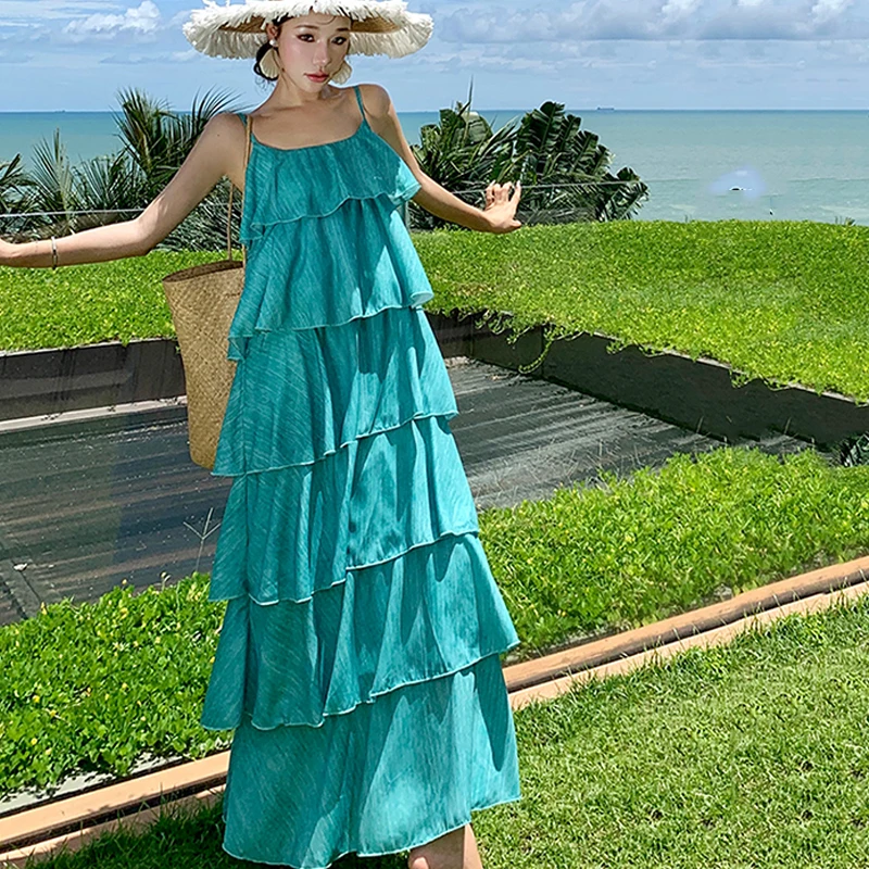 Womne sexy elegante praia festa estilo vestido verão novo solto suspender em camadas plissado borda cintura alta magro a linha vestido para mulher