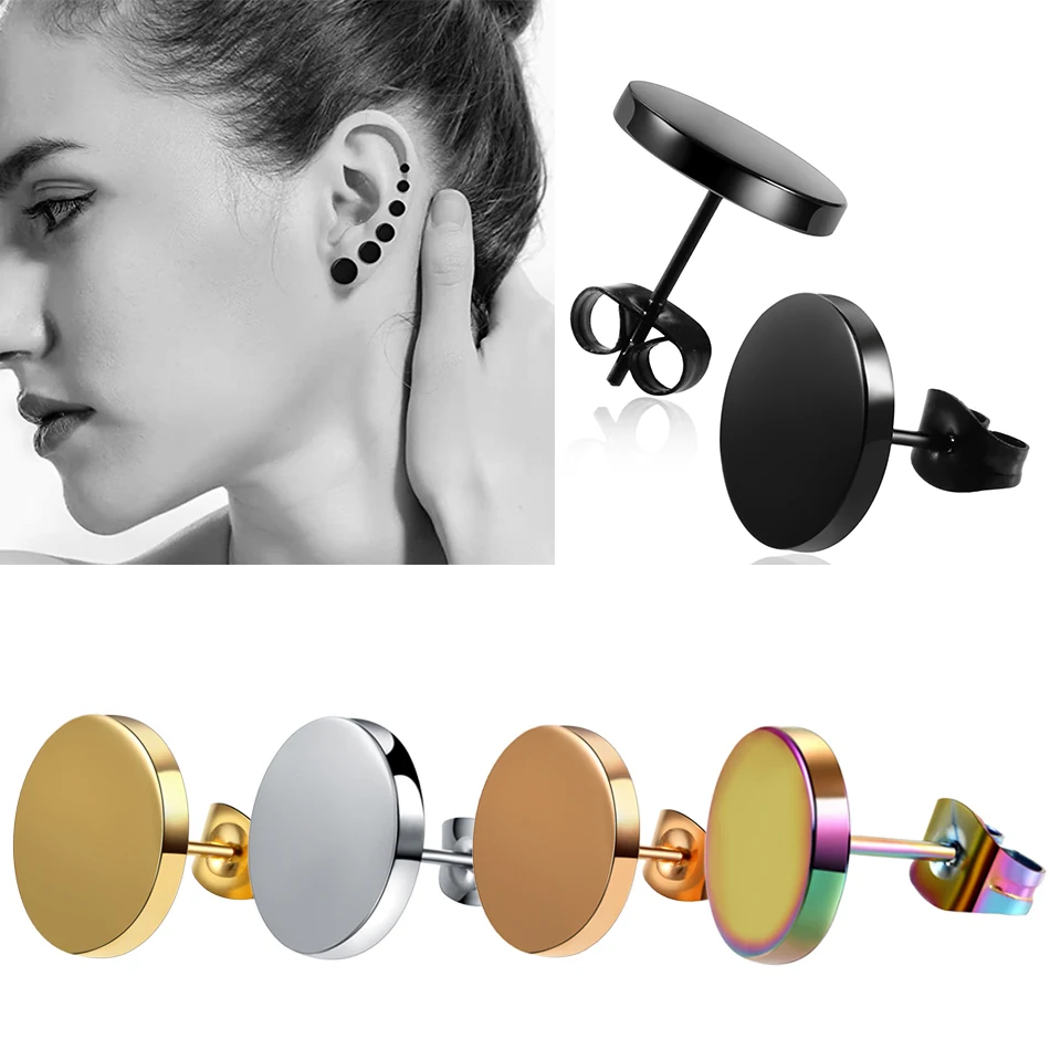 2pcs/lot Stainless Steel Round Black Ear Studs Men 2-14Mm Punk Stud Earring For Men Push Back Stud Earring For Women Men Jewelry