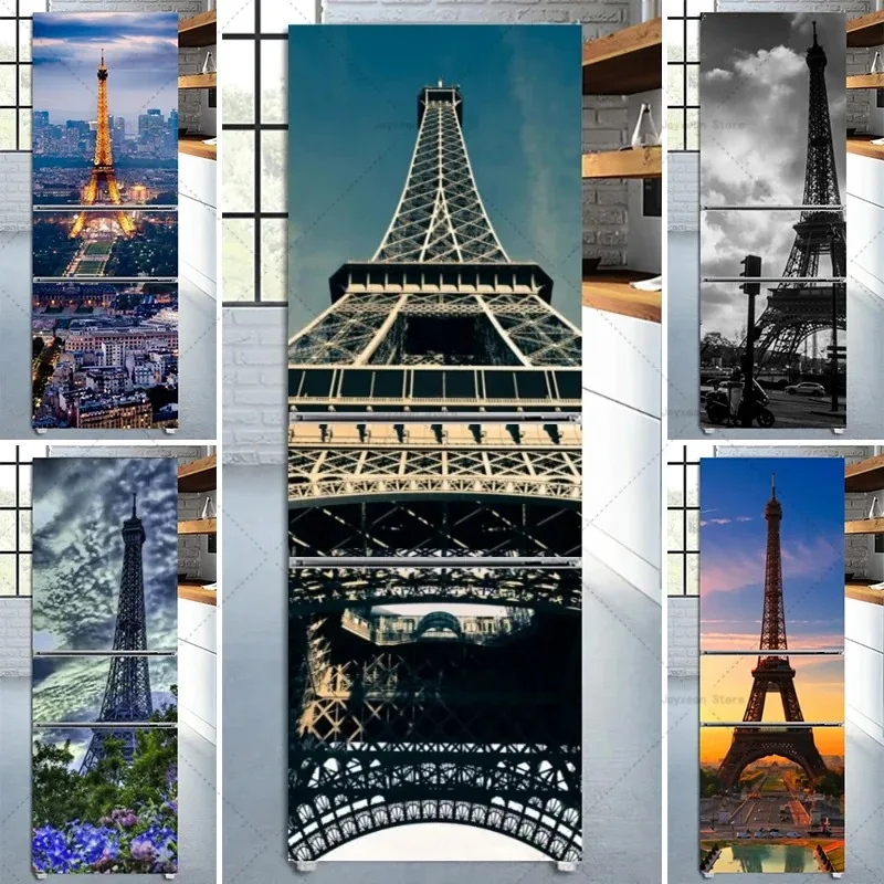 Eiffel Tower Night View Fridge Door Sticker Home Decoration Wall Sticker PVC Removable Waterproof Self-Adhesive Freezer Poster