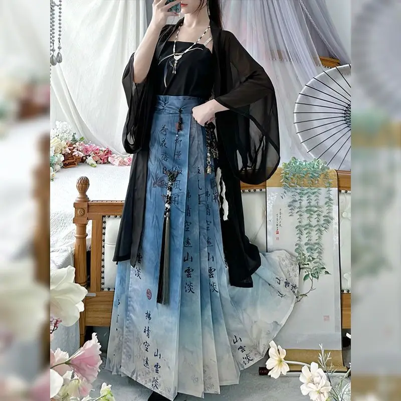 Ancient Chinese Hanfu Costume Women Horse Face Skirt 3pcs Sets Photography Party Dress Summer Hanfu Black&Blue Sets Plus Size