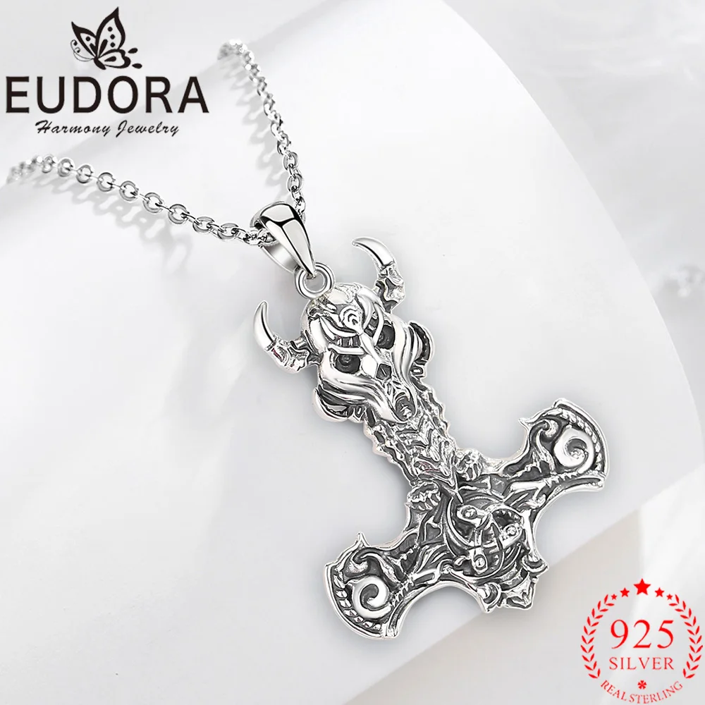 

Eudora 925 Sterling Silver Thor's Hammer Viking Necklace Vintage Skull Amulet Pendant Men Women Fine Jewelry Halloween Gift