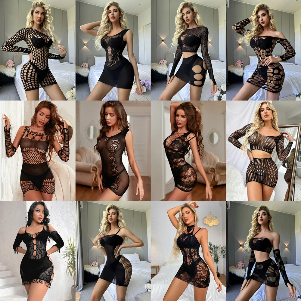 Hollow Out See Through Mini Fishing Net Dress Sexy Short Skirts Transparent Bodycon Dress Women\'s Erotic Mesh Tight Lingerie