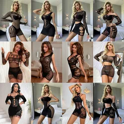 Hollow Out See Through Mini Fishing Net Dress Sexy Short Skirts Transparent Bodycon Dress Women's Erotic Mesh Tight Lingerie