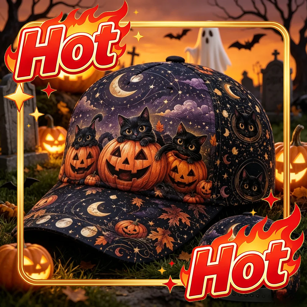 Custom Cap Men'S Summer Zipper Back Baseball Cap, Cute Black Cat Pumpkin Moon Star Floral Night Design, Casual Outdoor