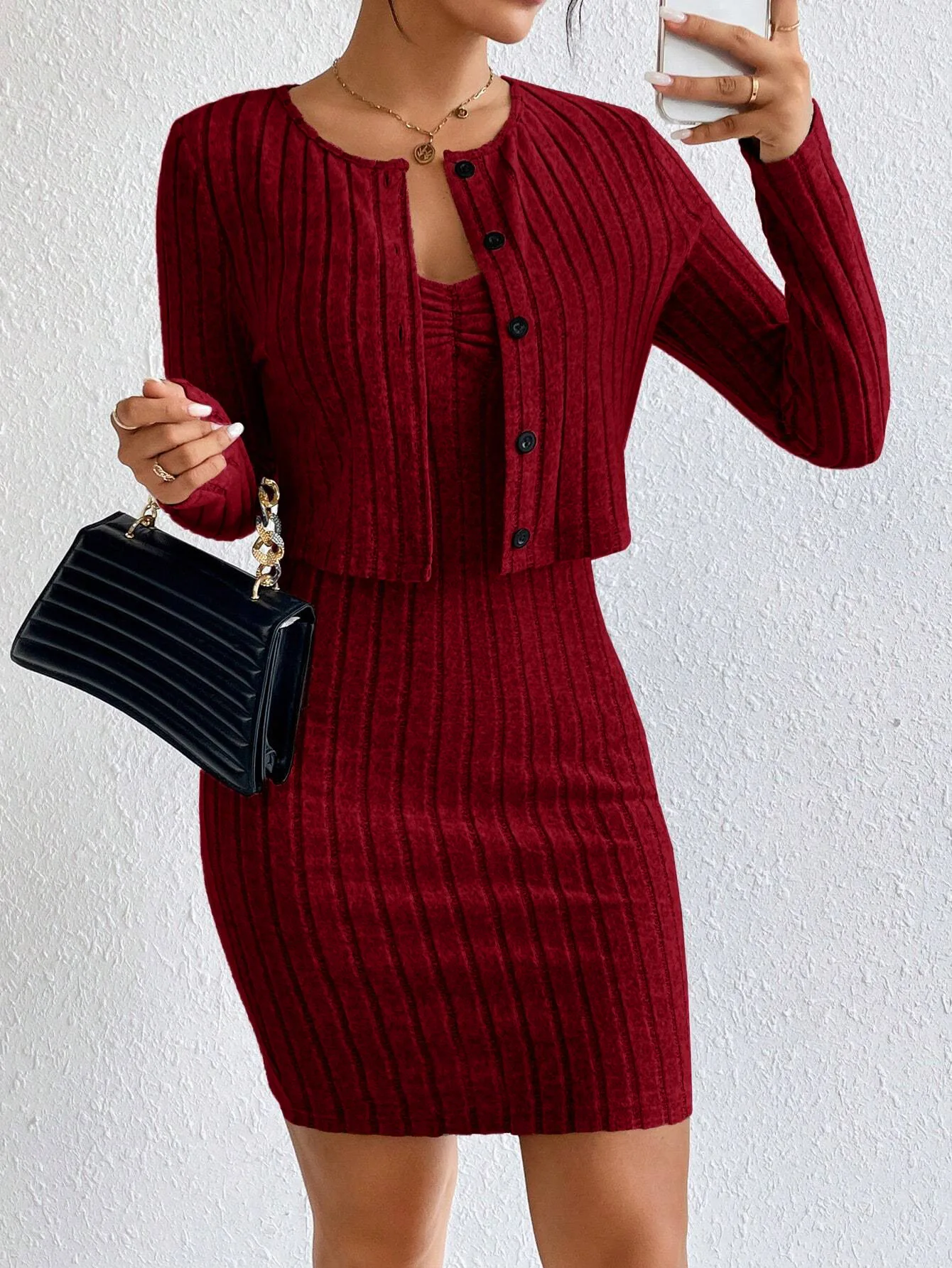 Women's French Elegant 2 Piece Outfit 2026 Spring Autumn New Short Coat & Bodycon Dress Pure Romance Style