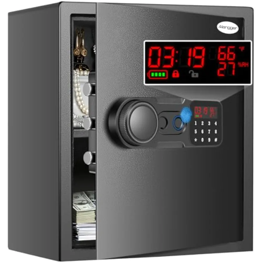 

Биометрический сейф с ЖК-дисплеем, отображением заряда батареи/температуры/влажности, быстрым доступом по отпечатку пальца, электронной клавиатурой, Type-C, сигнализацией, съемной полкой