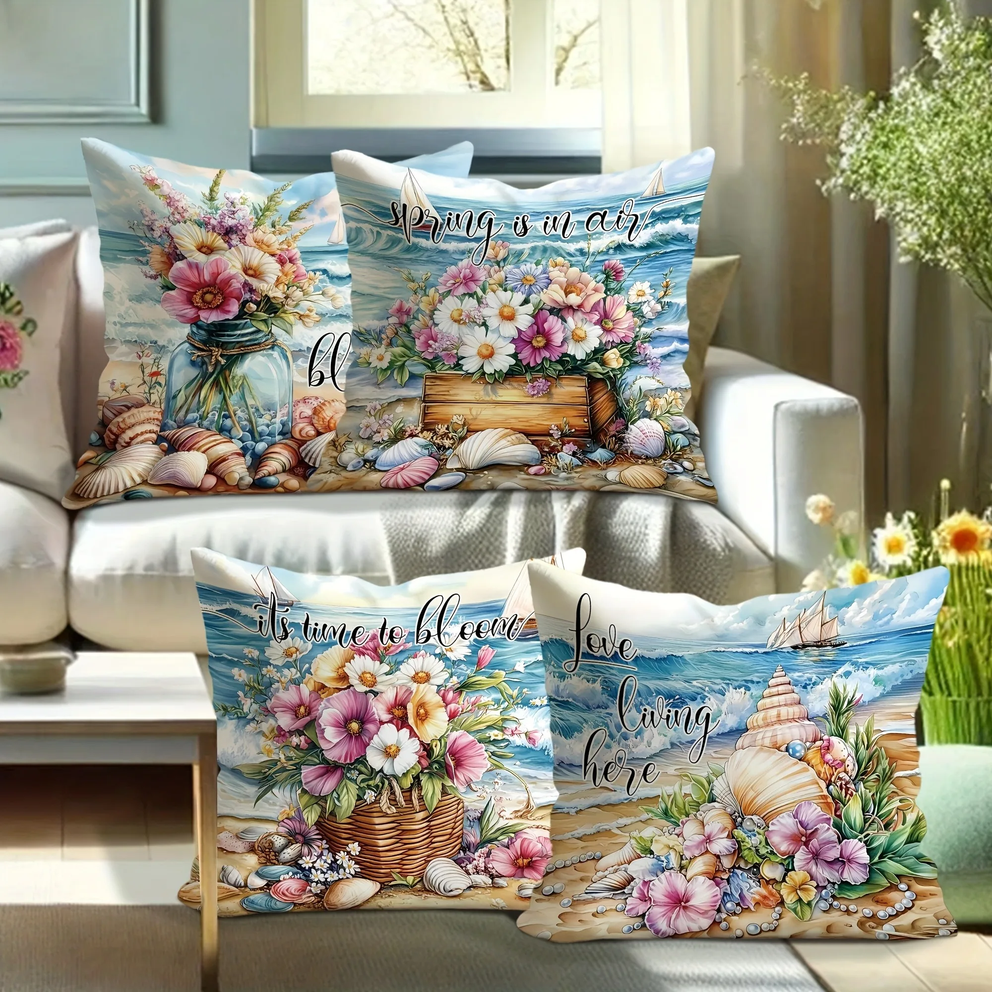 Beach-Floral Fusion Inspirational Pillow Cover, living room sofa Chair cushion cover, home bedroom Room decoration