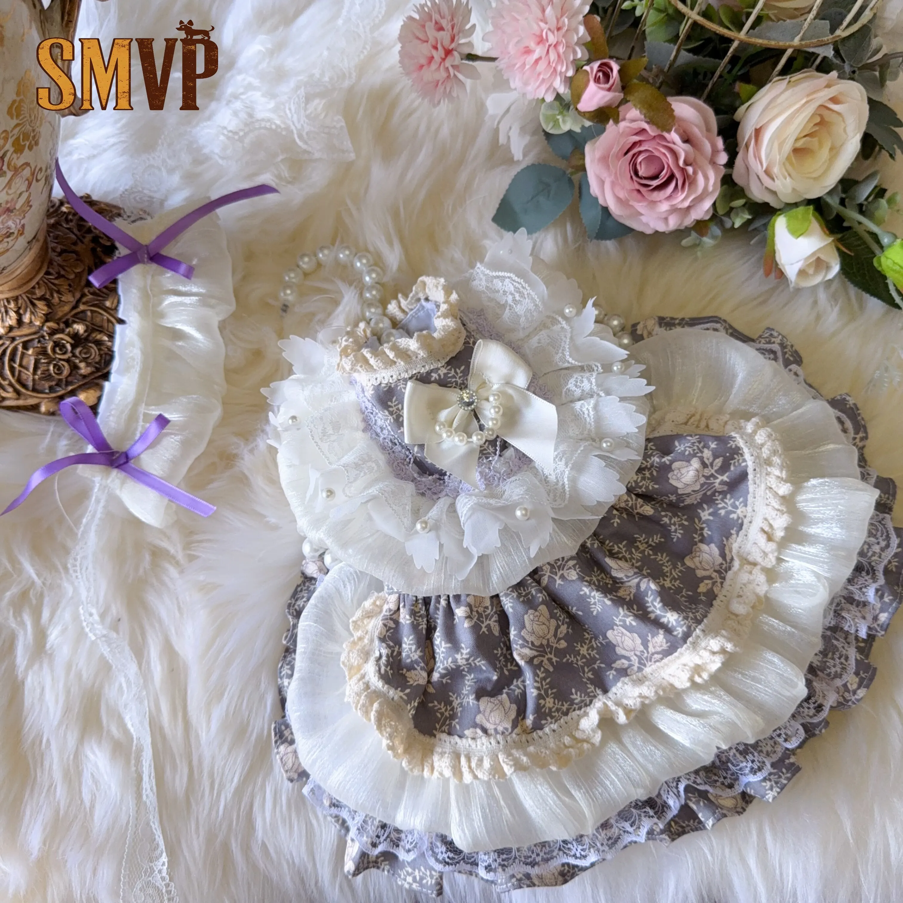 

Original Design Hand Made Tulle Summer Purple Gray Rose Print Lolita Sweet Cute and Playful Style Pet Puppy Cat Skirt