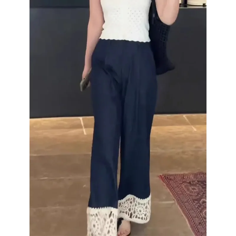 

Женские летние широкие брюки темно-синего цвета с кружевной отделкой, свободного кроя, повседневные, модные, дышащие, для ежедневной носки