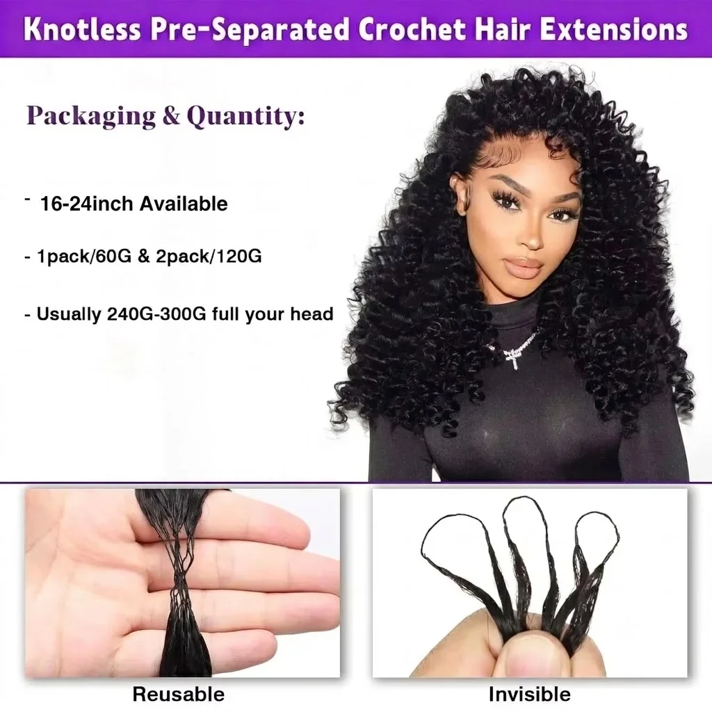 16-24 Inch Deep Wave Knots Feather Crochet Hair Extensions Burmese Curly Feather Crochet Human Hair 2 3 4 5 PCS Natural Black Color Invisible Knotless Kinky Curly Braiding 100% Human Hair For Women