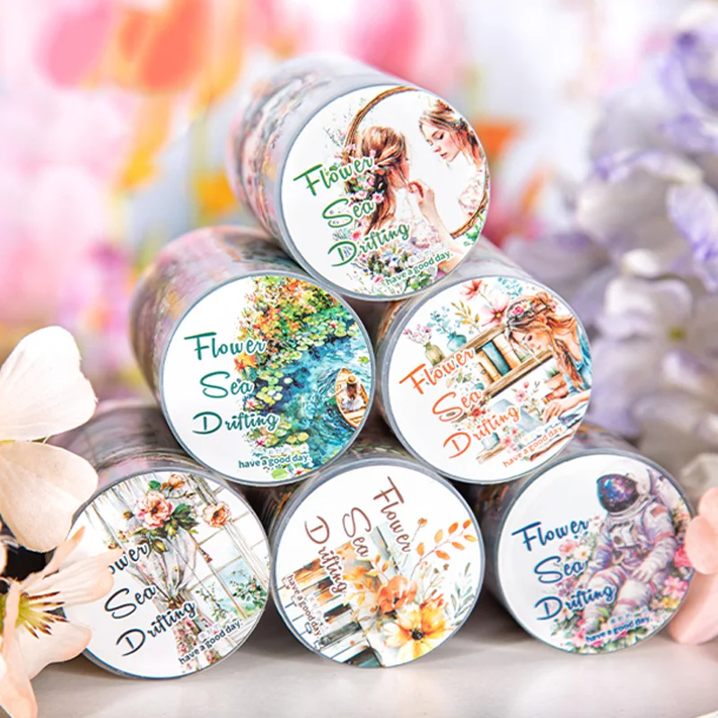 

Mr Paper, 6 rolls/bag ‘Flower Sea Swimming Away’ Series Floral Theme PET Die Cut Paper Tape Set washi tapes tape sticker