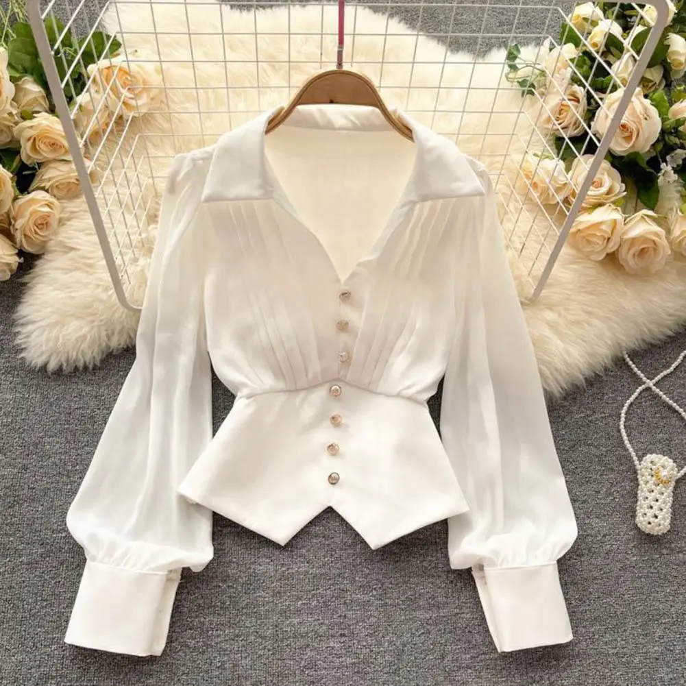 

Women French Style Shirt V-neck Puff Long Sleeve Shirt Blouse Buttons Decor Irregular Hem Solid Color Tops Camisa De Verano