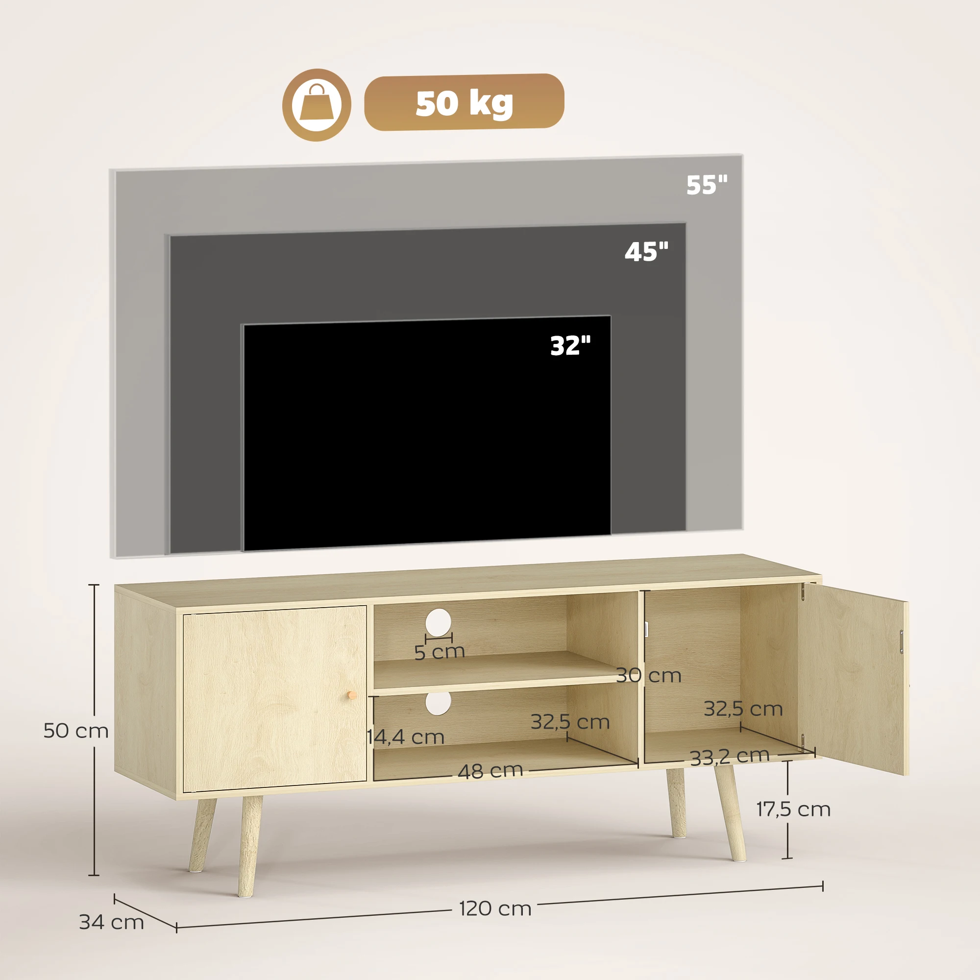 Mueble para TV HOMCOM de 120 cm, soporte para televisores de hasta 55 pulgadas con 2 gabinetes y 2 estantes abiertos, mueble de TV moderno para sala de estar, dormitorio, efecto madera natural